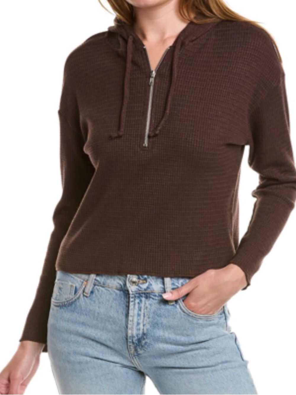 NEW Chaser Semi Cropped Waffle Knit Zip Front Hoodie Chocolate Brown Size S